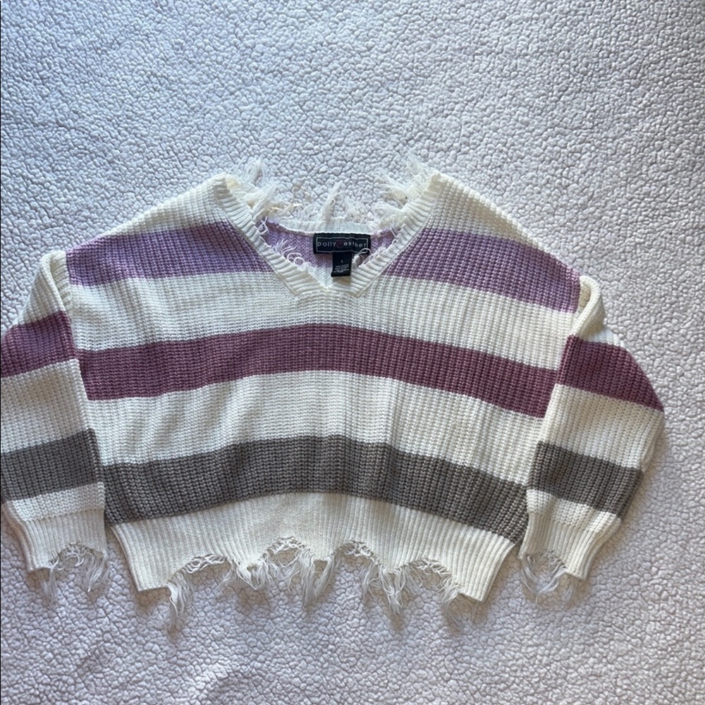 Polly & Esther V-Neck Sweater with Cream, Purple, and Gray Stripes